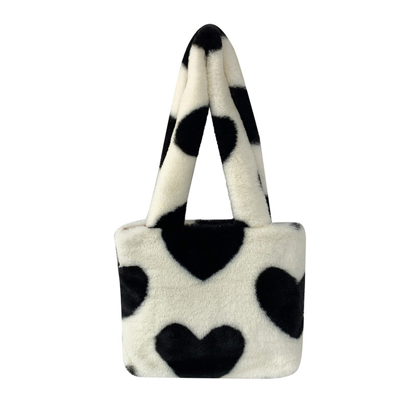 Women’s Plush Heart Shoulder Bag – Soft Fluffy Winter Underarm Bag with Love Pattern