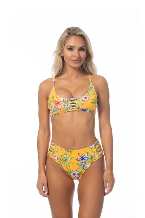Yellow Island Print High Waist Bikini Set for Women – Tropical Two-Piece Swimsuit for Summer Beach Days, Pool Parties and Vacation Looks