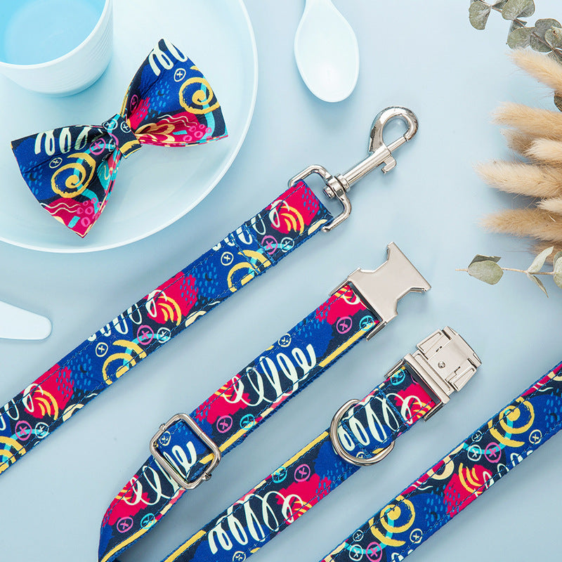 Dog Collar, Leash & Bow Tie Set – Adjustable Fabric Graffiti Design (XS–XL Sizes)