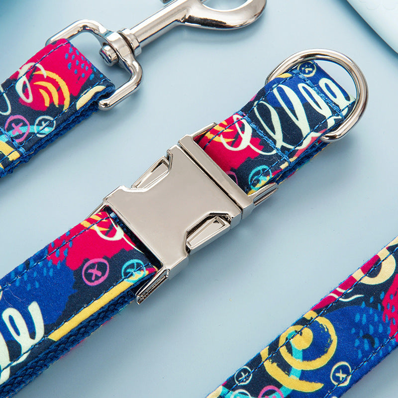 Dog Collar, Leash & Bow Tie Set – Adjustable Fabric Graffiti Design (XS–XL Sizes)