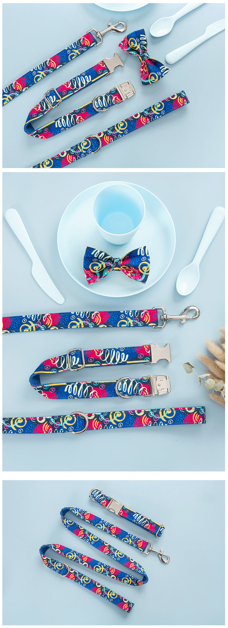 Dog Collar, Leash & Bow Tie Set – Adjustable Fabric Graffiti Design (XS–XL Sizes)