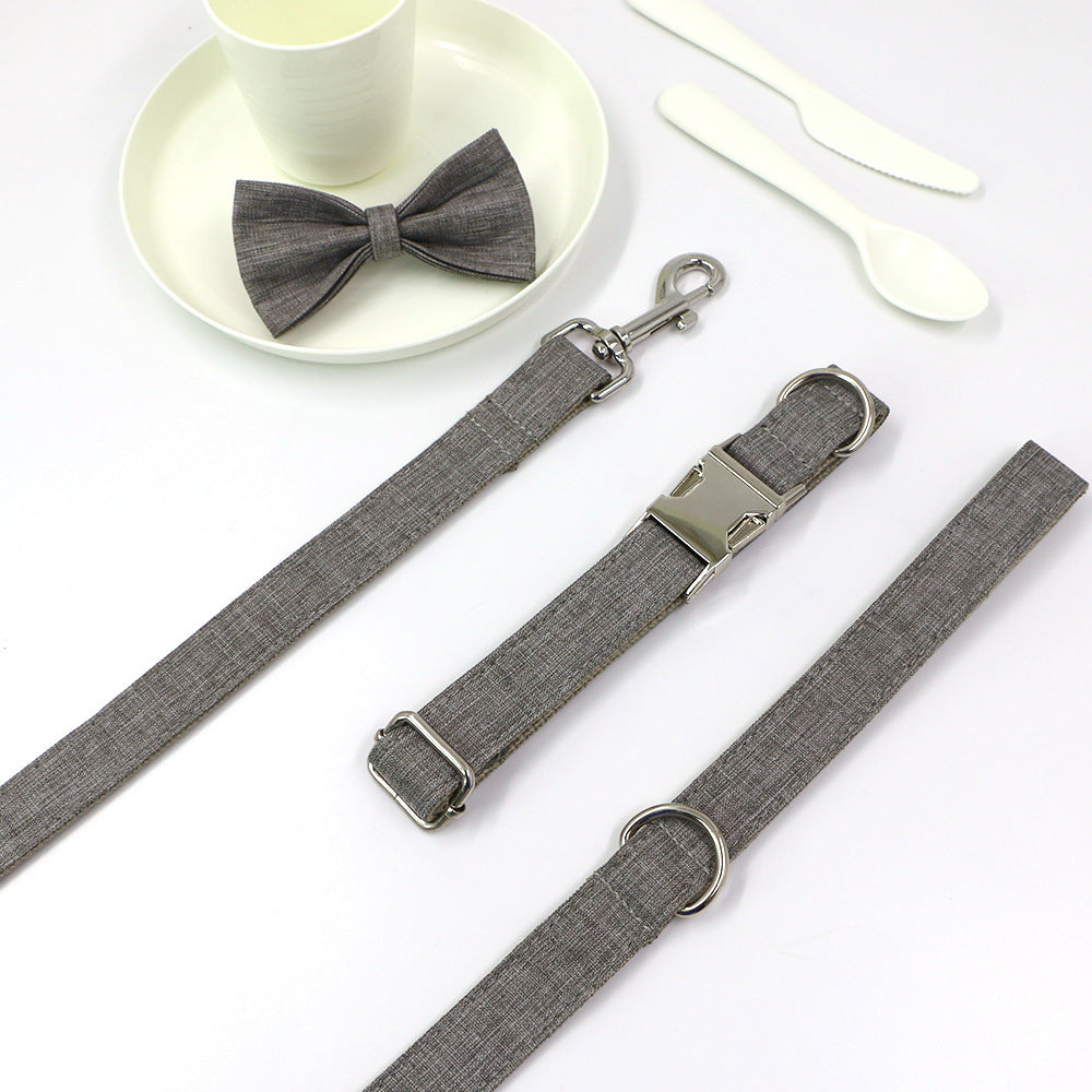 Elegant Dog Collar & Leash Set with Bow Tie – Gentleman Gray Style (XS–XL Sizes)