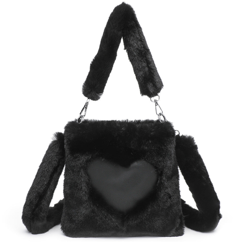 Fluffy Women’s Shoulder Bag with Heart Design – 3-in-1 Winter Handbag with Strap, Soft & Stylish