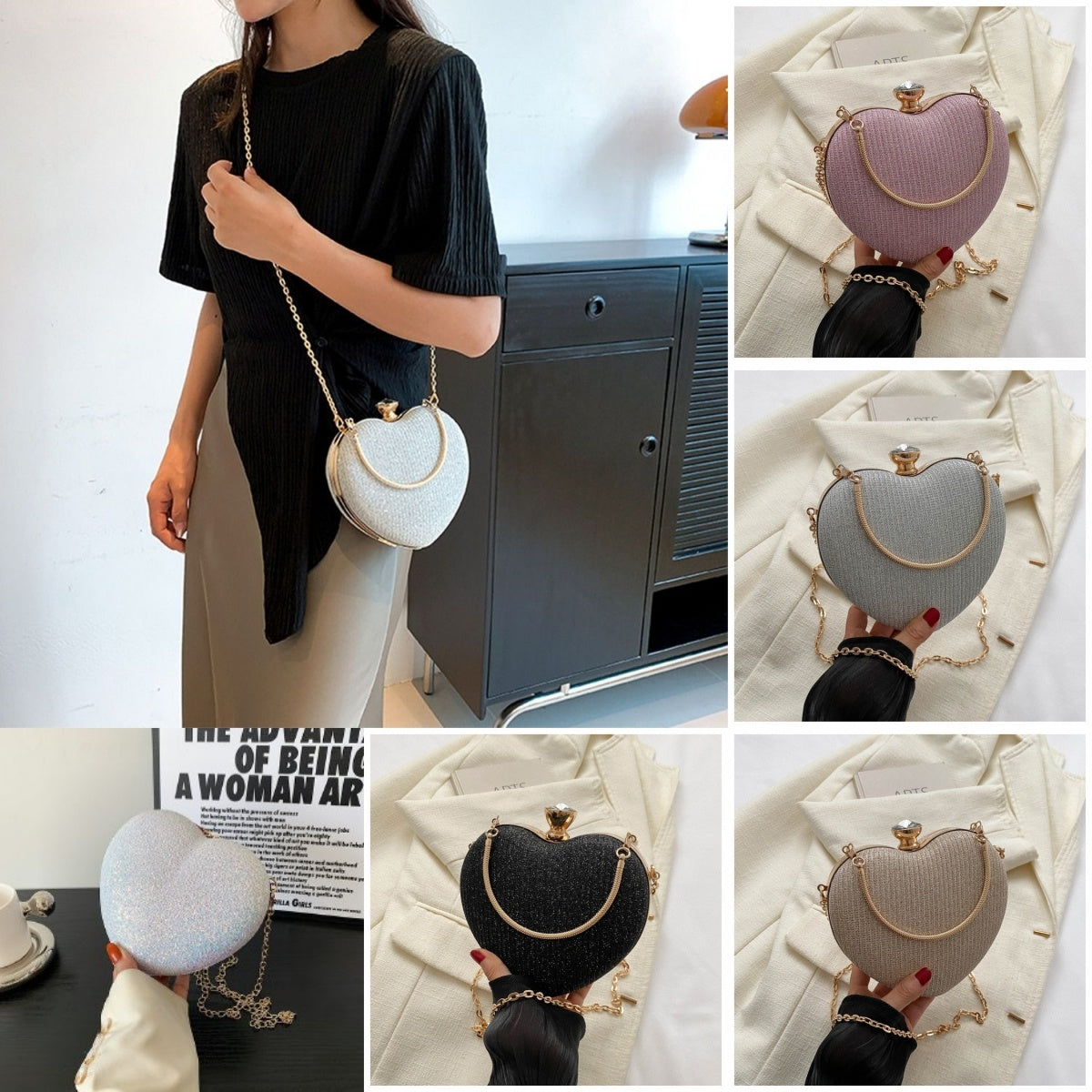 Heart-Shaped Evening Clutch Bag for Women – Sparkly Party Purse with Gold Chain, Elegant & Unique Design
