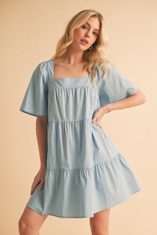 Aemi + Co Women’s Square Neck Tiered Dress with Half Sleeves – Romantic and Flowy Summer Dress for Casual Days and Everyday Elegance