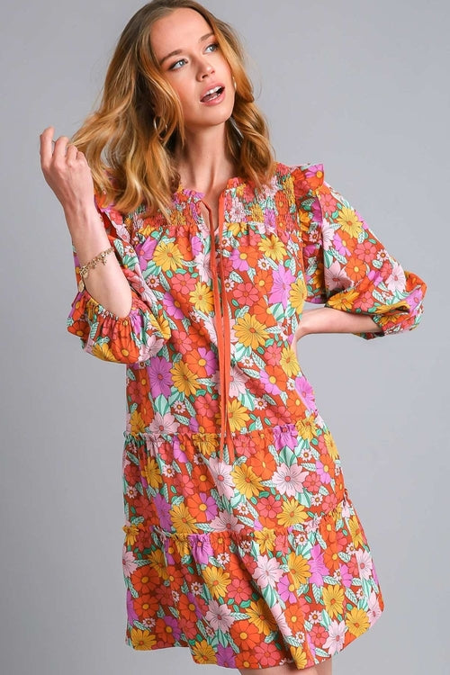 Umgee Plus Size Floral Ruffled Tiered Dress for Women with Tie Neck – Elegant and Flowy Summer Dress for Curvy Figures and Special Occasions