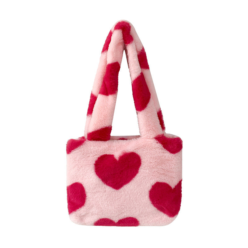 Women’s Plush Heart Shoulder Bag – Soft Fluffy Winter Underarm Bag with Love Pattern