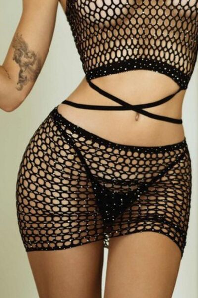 Yelete Rhinestone Fishing Net Two-Piece Lingerie Set - Ultra Sexy Sheer Mesh Lingerie with Sparkling Details and Crisscross Design for Unforgettable Nights