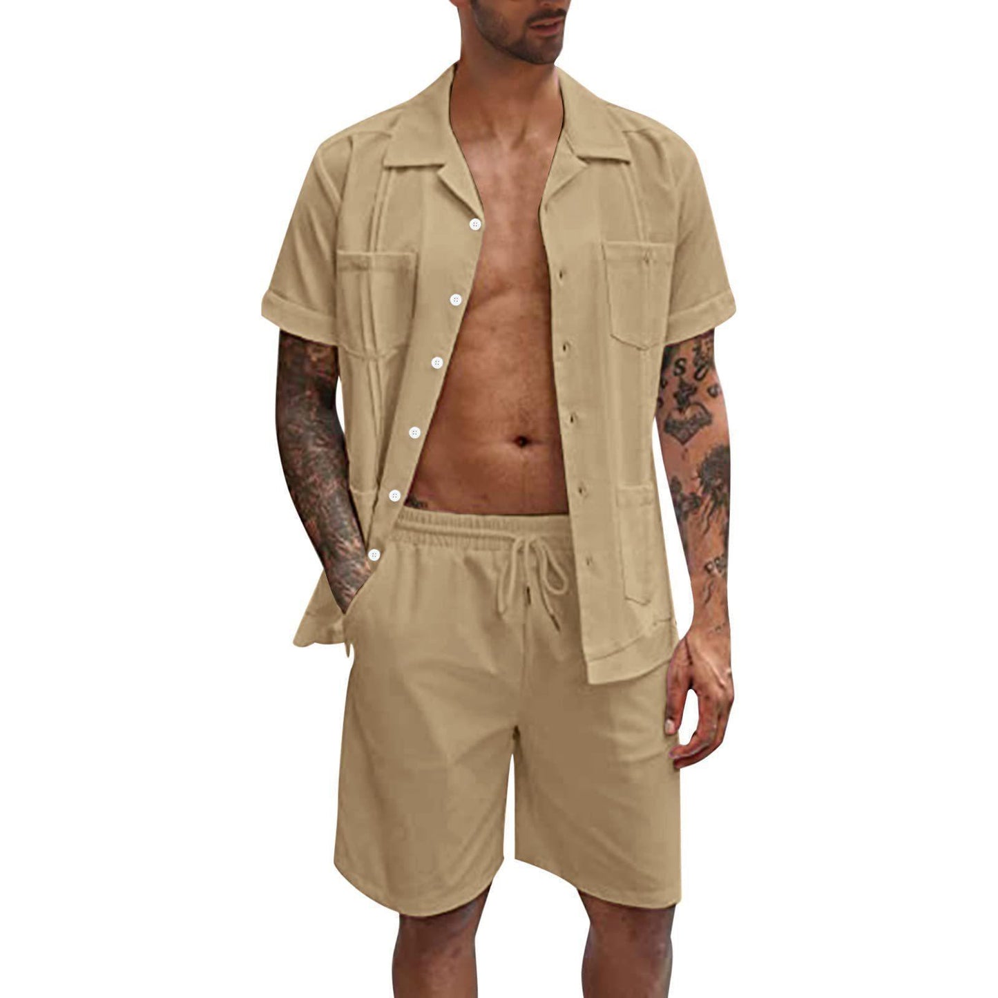 Men’s Linen Summer Set – Breathable Short Sleeve Shirt + Shorts, Casual Fit