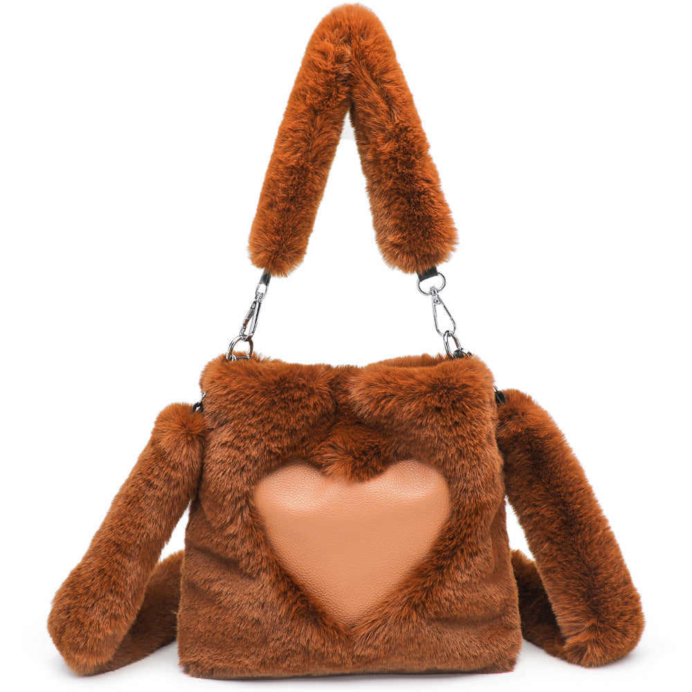 Fluffy Women’s Shoulder Bag with Heart Design – 3-in-1 Winter Handbag with Strap, Soft & Stylish