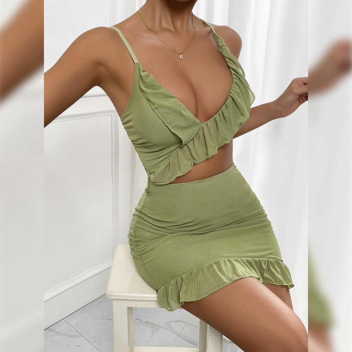 Green Lace Mesh Mini Dress – Sexy Summer Dress for Women with Slim Fit Designomen's Mesh Lace Tight Sling Pack Hip Skirt
