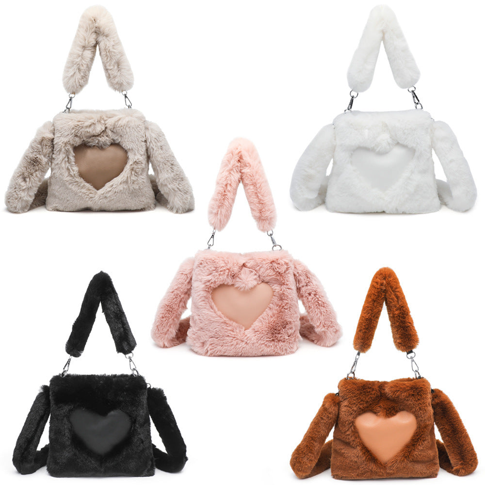 Fluffy Women’s Shoulder Bag with Heart Design – 3-in-1 Winter Handbag with Strap, Soft & Stylish