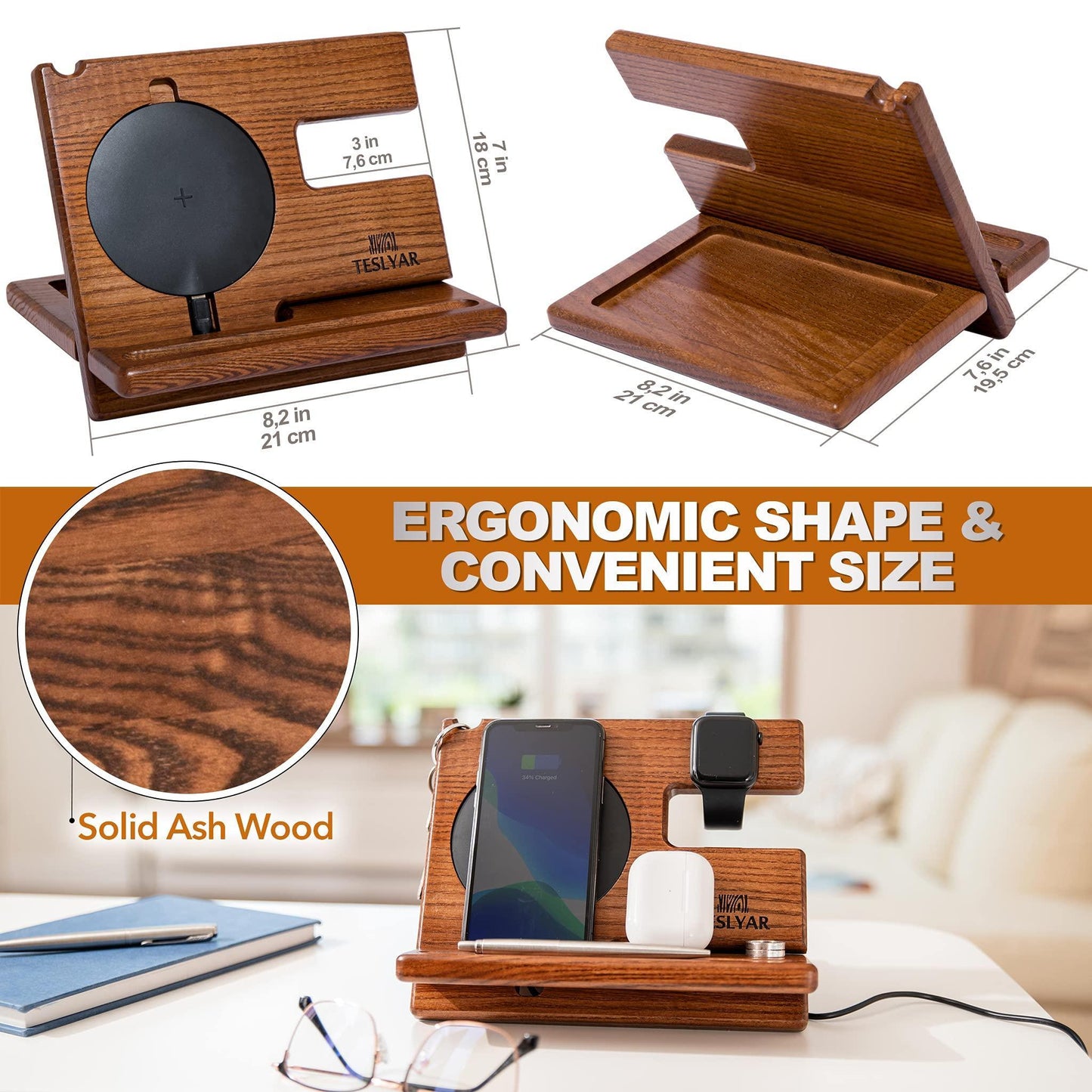 Wooden Phone Docking Station and Organizer with Key Holder, Wallet Tray, and Watch Stand – Elegant Ash Wood Desk Accessory for Home or Office