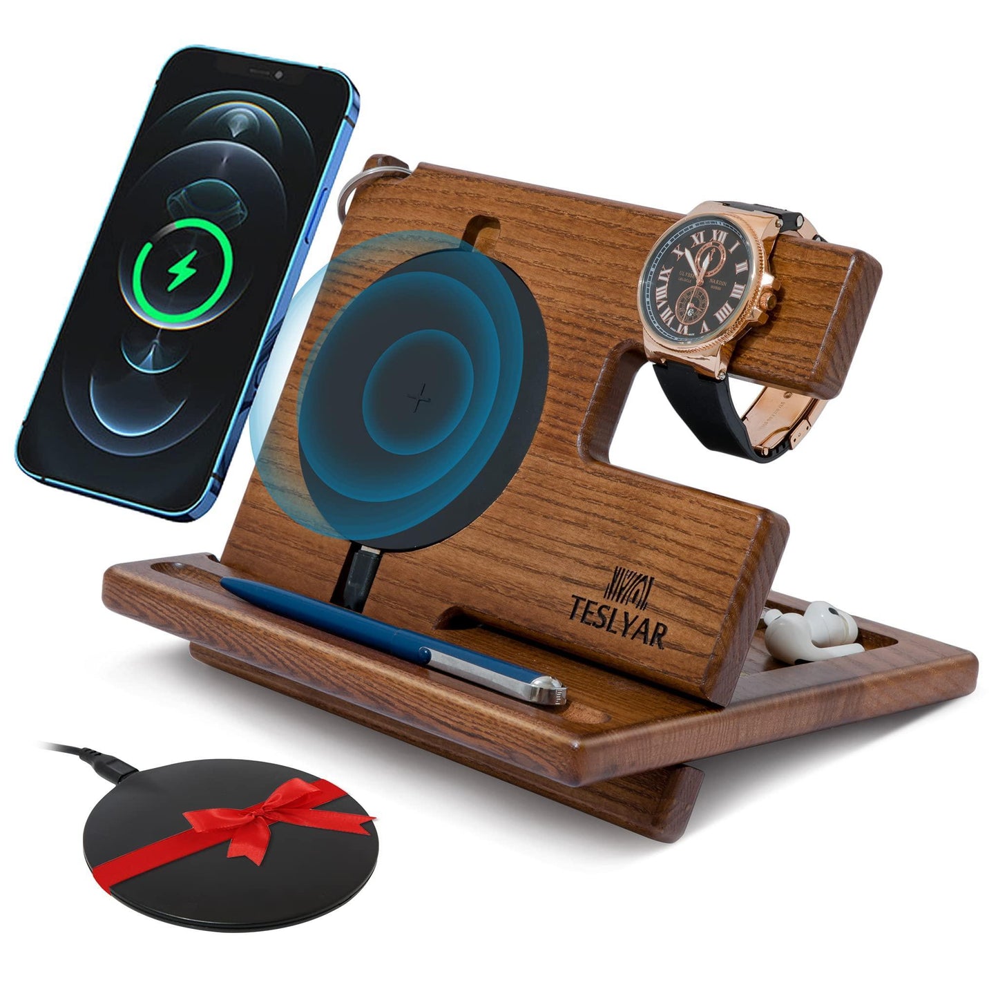 Wooden Phone Docking Station and Organizer with Key Holder, Wallet Tray, and Watch Stand – Elegant Ash Wood Desk Accessory for Home or Office