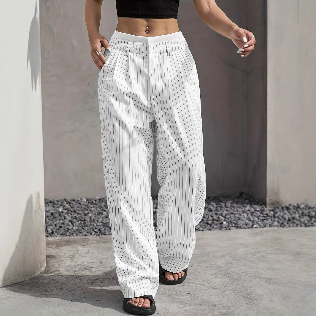 Women's High Waist Striped Pants | Summer Casual Straight-Leg Trousers with Pockets & Zipper