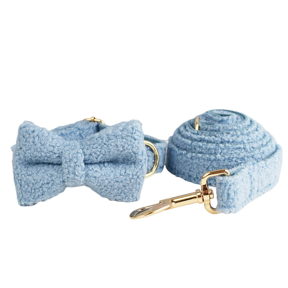 Blue Plush Dog Harness Set – Collar, Leash, Bow & Vest (Soft Teddy Style)