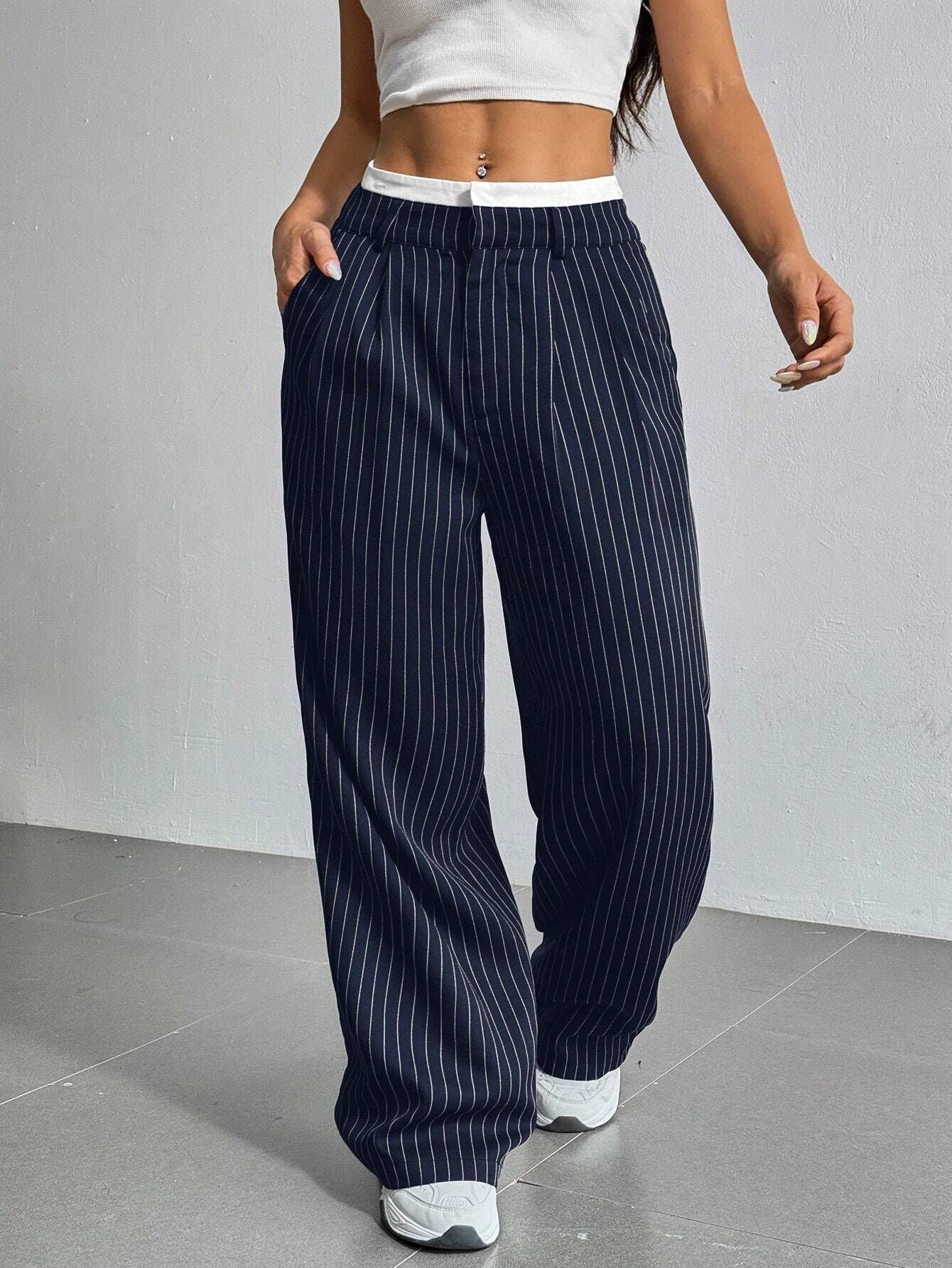 Women's High Waist Striped Pants | Summer Casual Straight-Leg Trousers with Pockets & Zipper