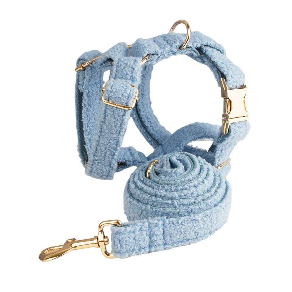 Blue Plush Dog Harness Set – Collar, Leash, Bow & Vest (Soft Teddy Style)