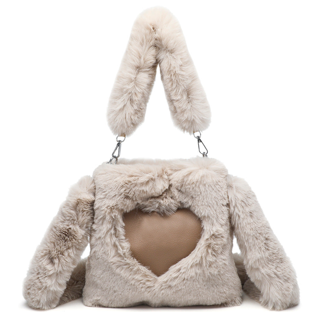 Fluffy Women’s Shoulder Bag with Heart Design – 3-in-1 Winter Handbag with Strap, Soft & Stylish
