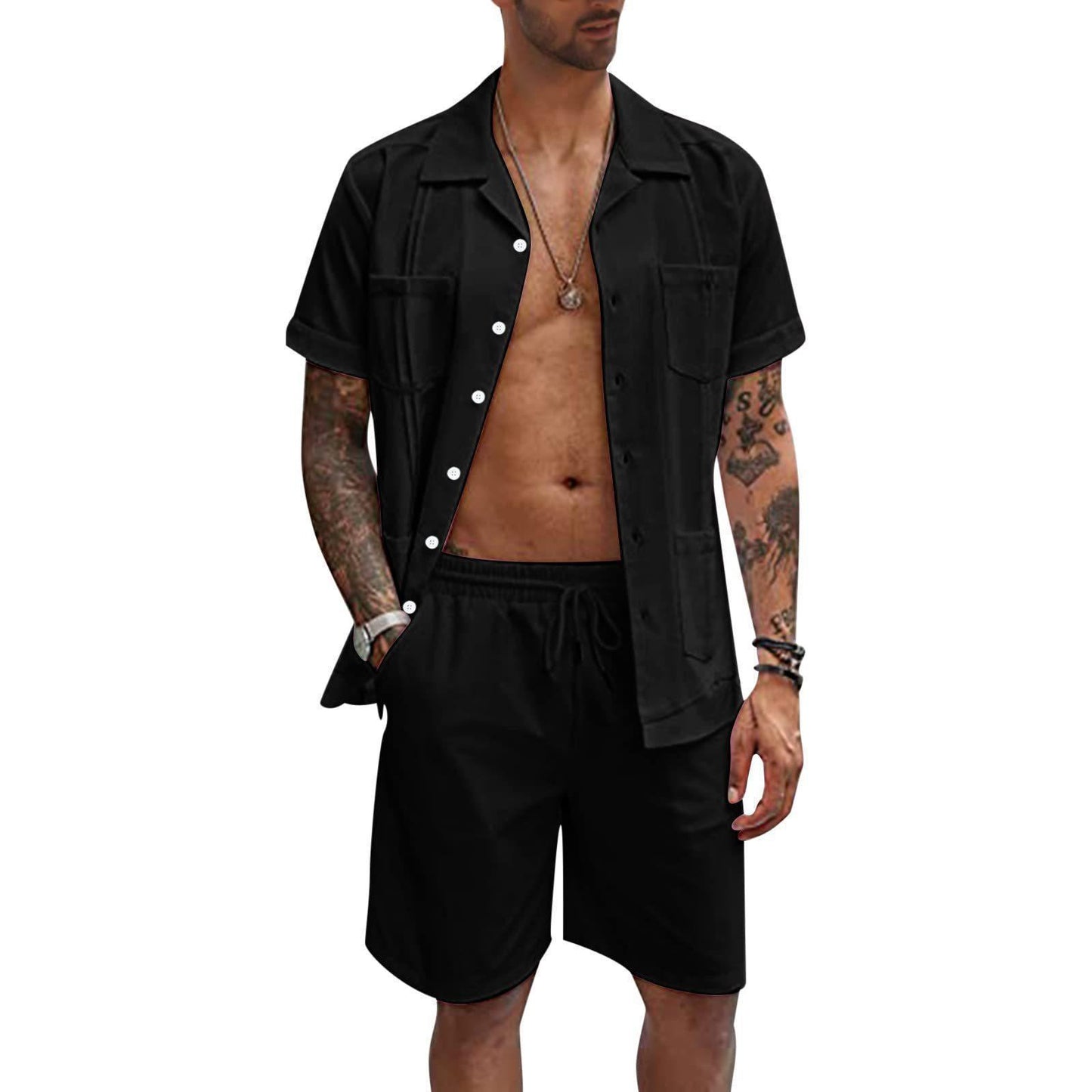 Men’s Linen Summer Set – Breathable Short Sleeve Shirt + Shorts, Casual Fit