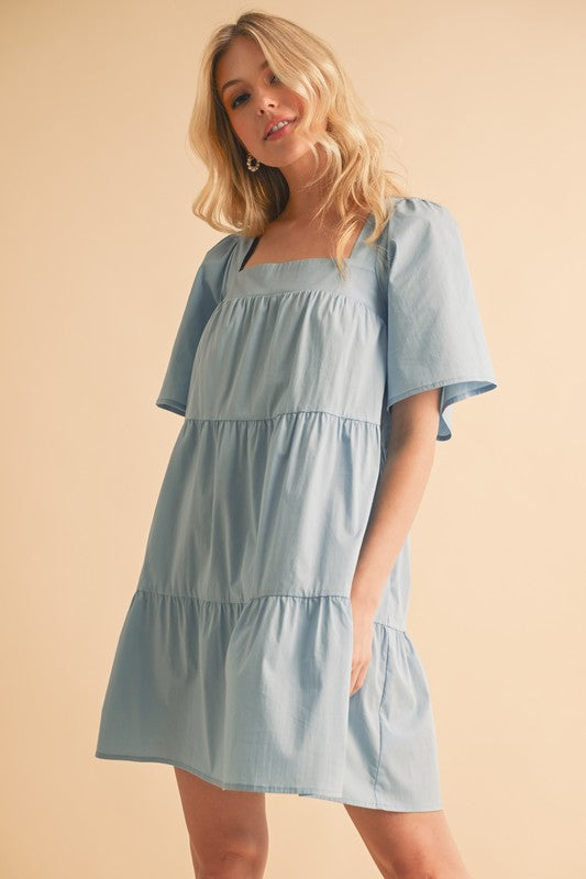 Aemi + Co Women’s Square Neck Tiered Dress with Half Sleeves – Romantic and Flowy Summer Dress for Casual Days and Everyday Elegance
