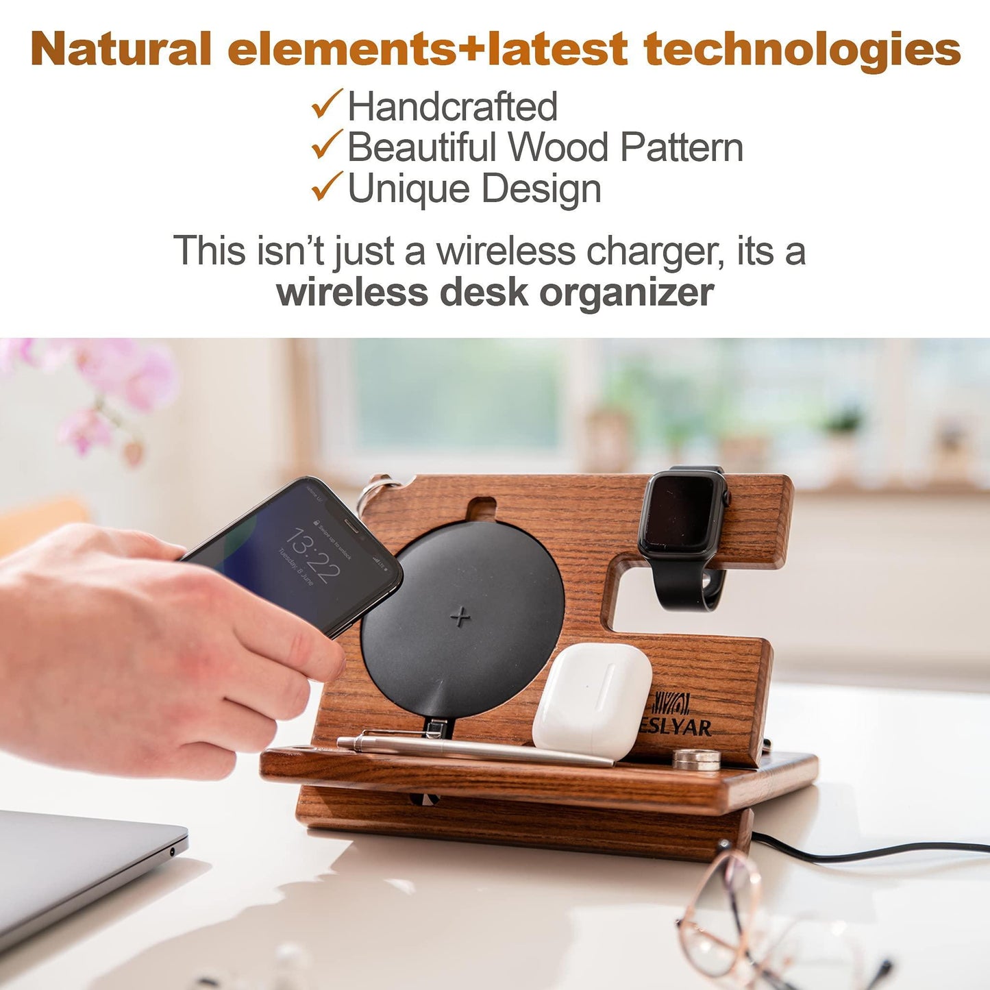 Wooden Phone Docking Station and Organizer with Key Holder, Wallet Tray, and Watch Stand – Elegant Ash Wood Desk Accessory for Home or Office