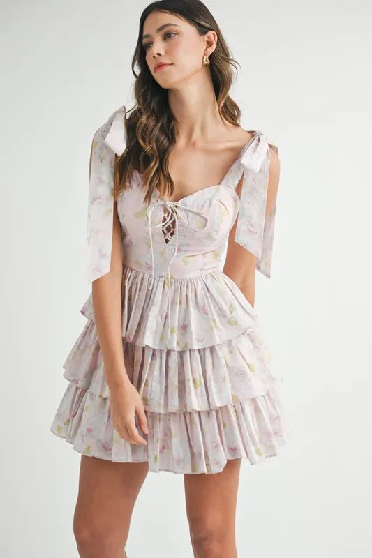 MABLE Floral Print Layered Mini Dress with Tie Straps – Lightweight and Romantic Summer Dress for Vacation and Day Outfits
