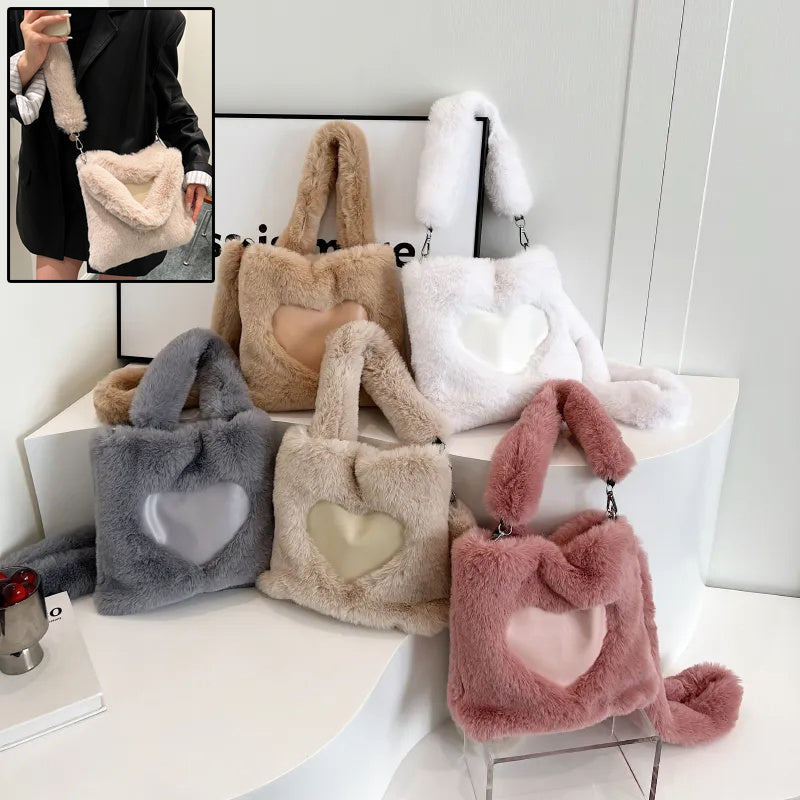 Fluffy Women’s Shoulder Bag with Heart Design – 3-in-1 Winter Handbag with Strap, Soft & Stylish
