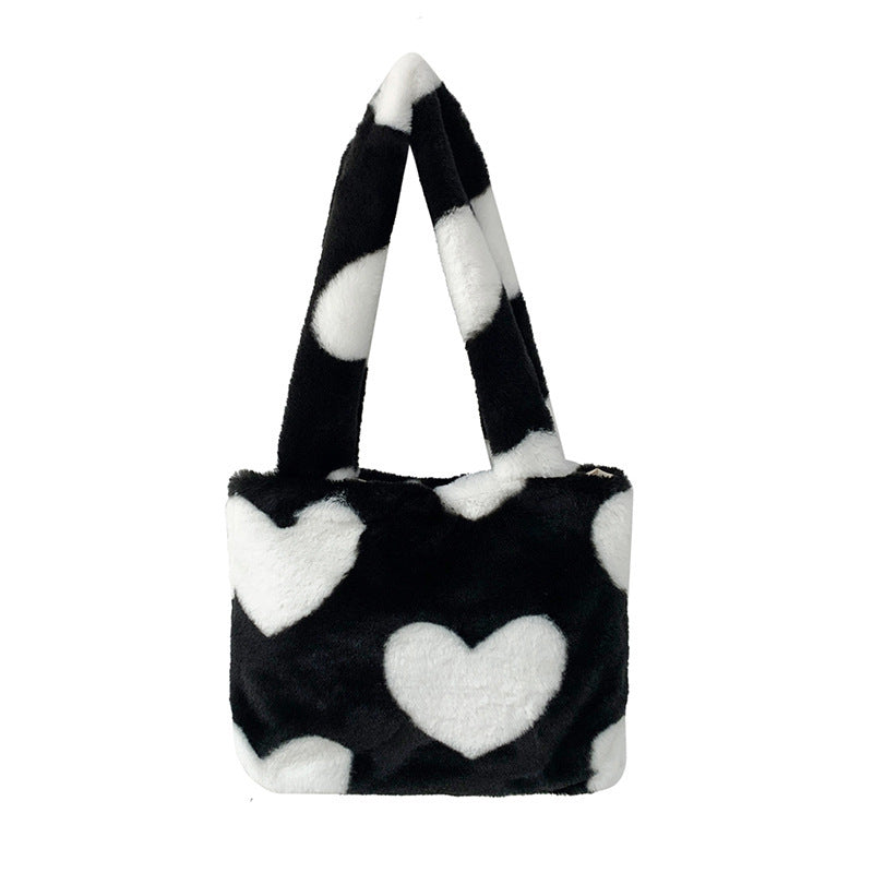 Women’s Plush Heart Shoulder Bag – Soft Fluffy Winter Underarm Bag with Love Pattern