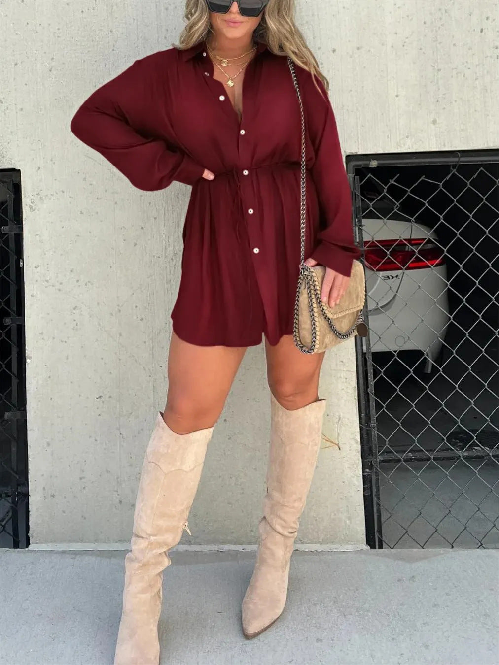 Women's Long Sleeve Button-Up Shirt Romper – Casual Chic Jumpsuit with Waist Tie