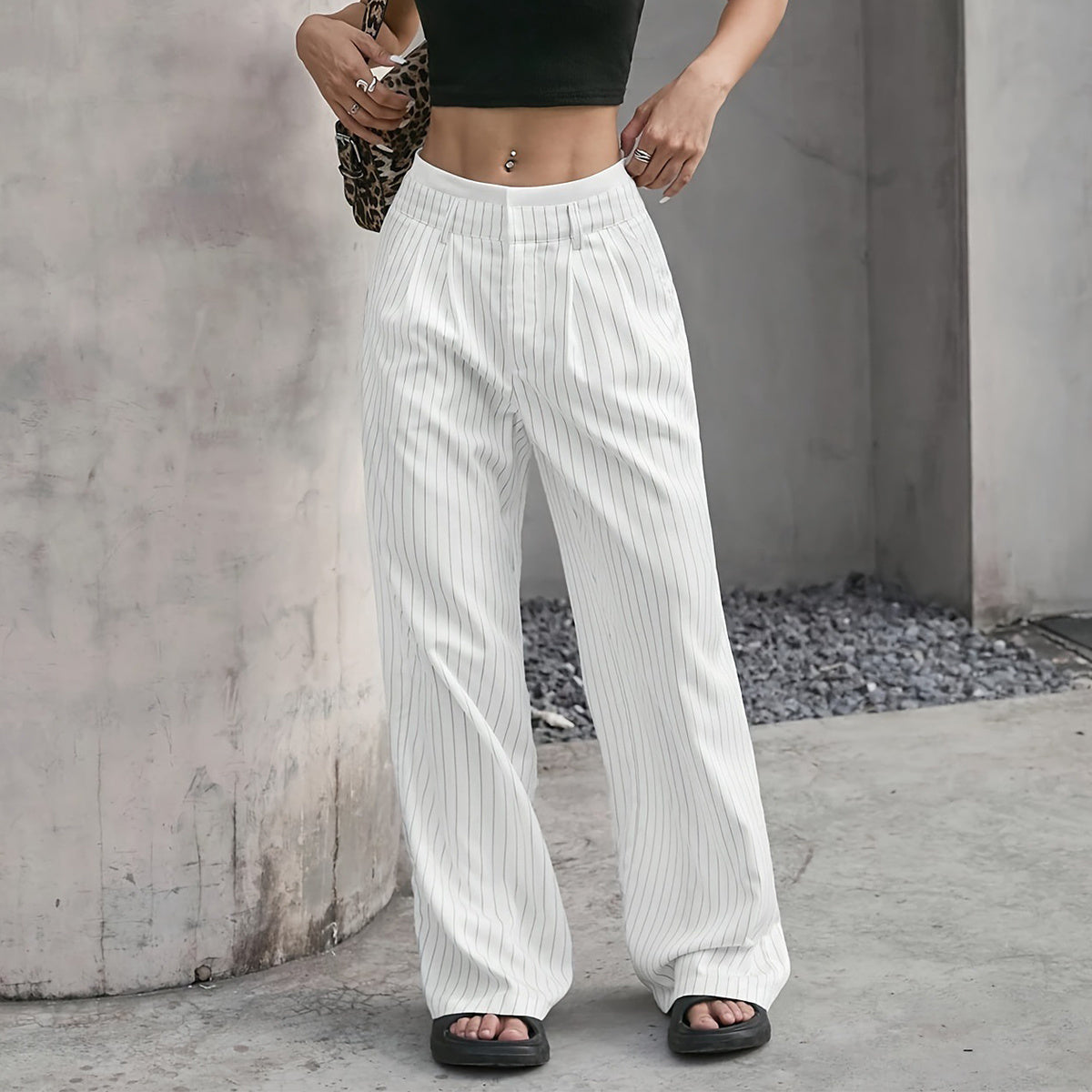 Women's High Waist Striped Pants | Summer Casual Straight-Leg Trousers with Pockets & Zipper