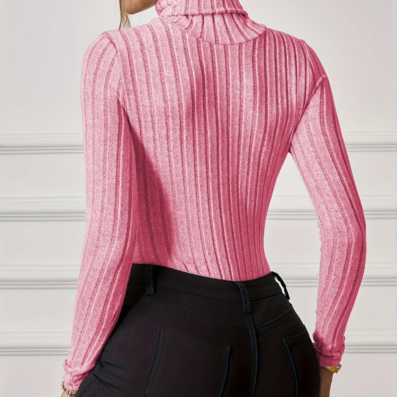 Women's Ribbed High Neck Bodysuit – Casual Long Sleeve French Style Knitwear