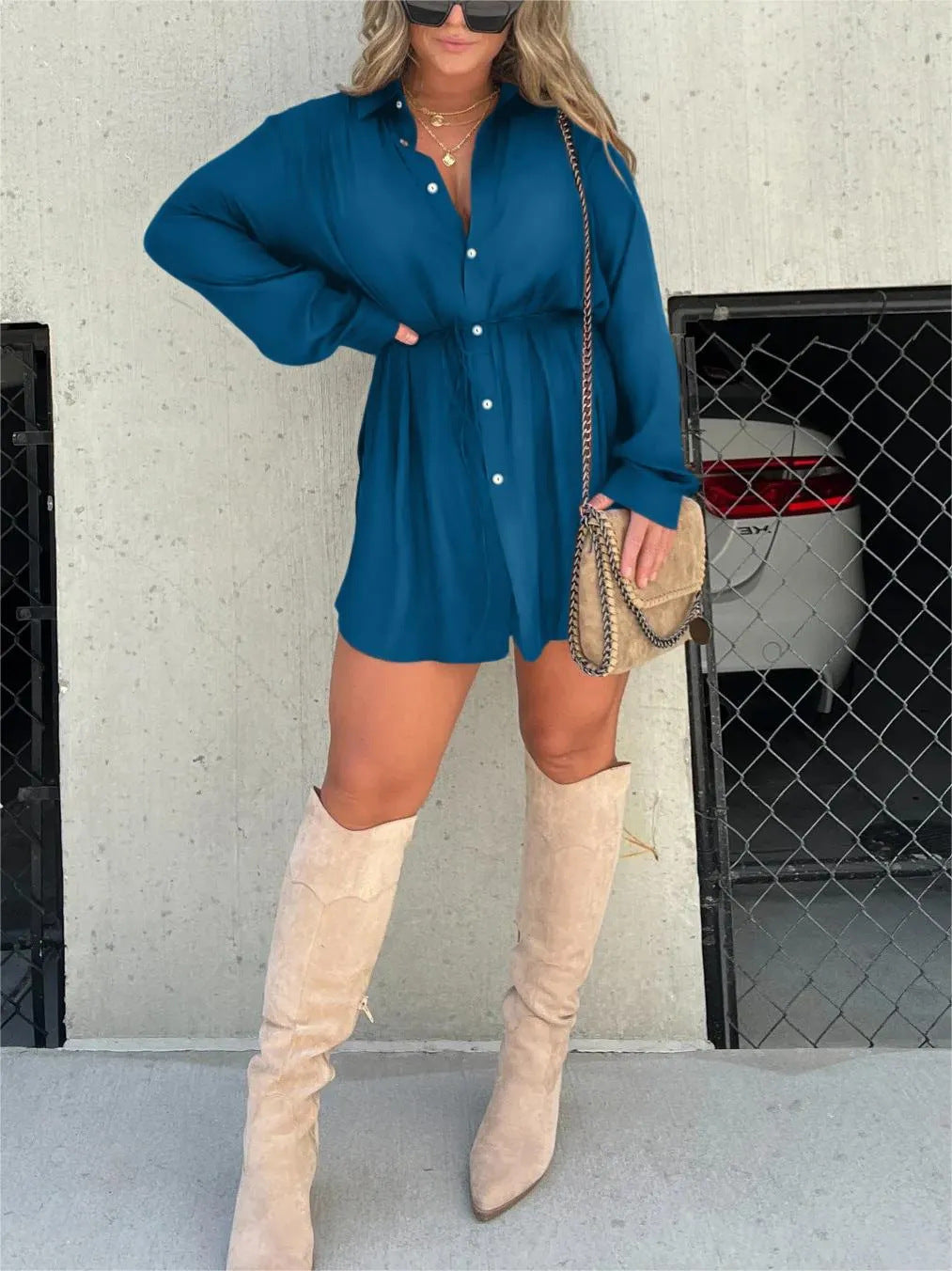 Women's Long Sleeve Button-Up Shirt Romper – Casual Chic Jumpsuit with Waist Tie