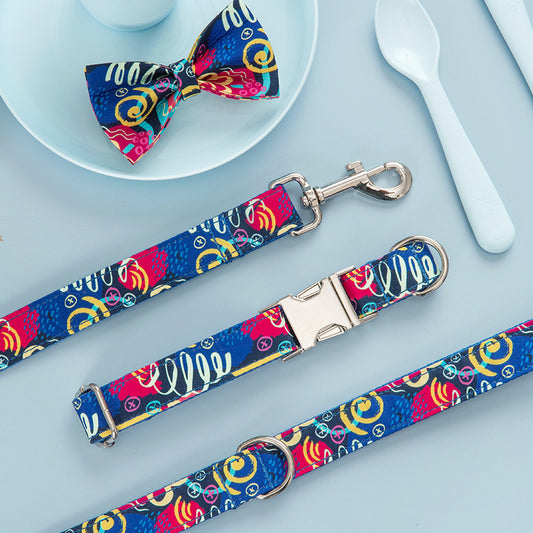 Dog Collar, Leash & Bow Tie Set – Adjustable Fabric Graffiti Design (XS–XL Sizes)
