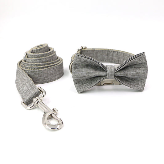 Elegant Dog Collar & Leash Set with Bow Tie – Gentleman Gray Style (XS–XL Sizes)