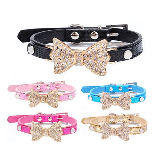 Rhinestone Dog Collar with Bowknot – Adjustable, Stylish & Colorful for Small Dogs
