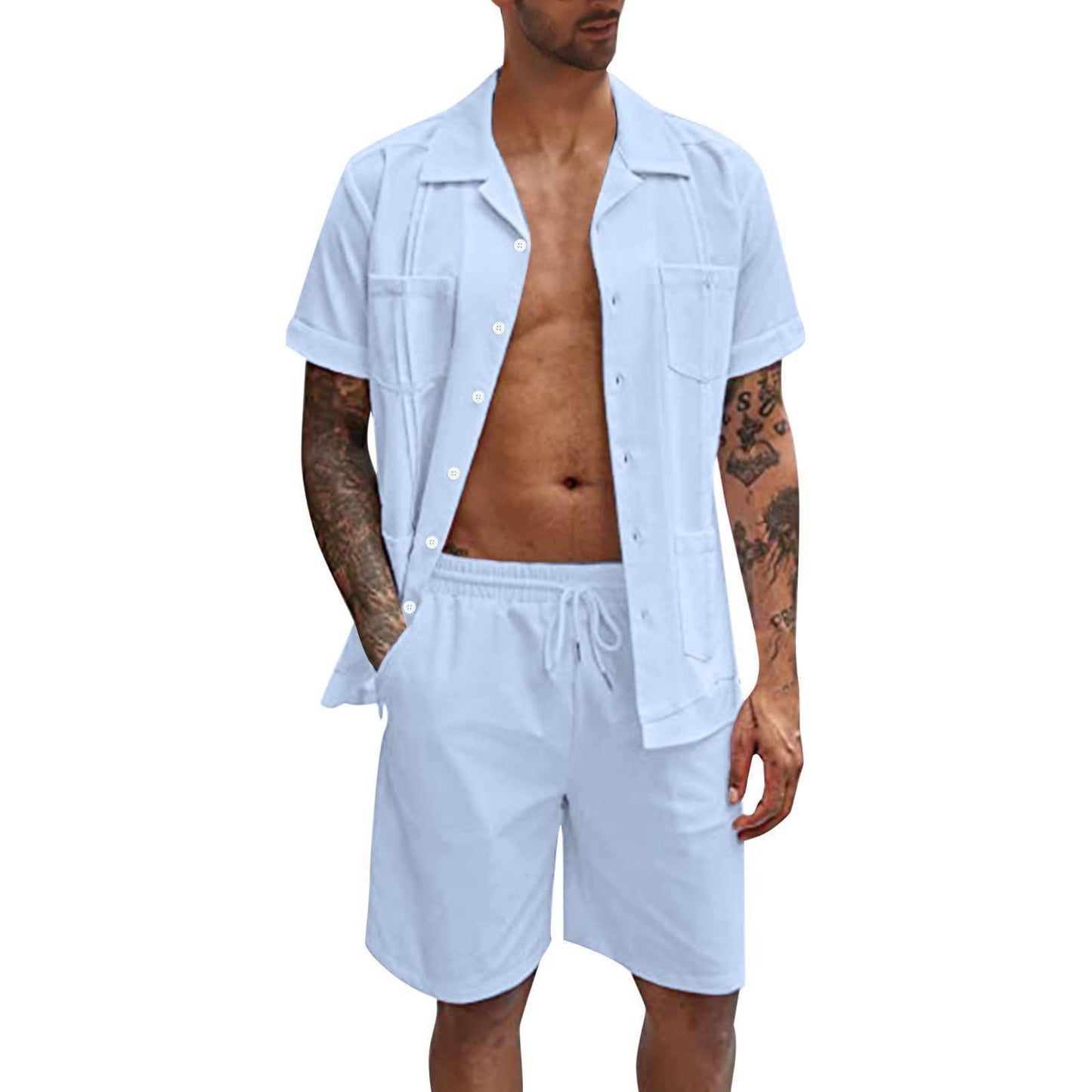 Men’s Linen Summer Set – Breathable Short Sleeve Shirt + Shorts, Casual Fit