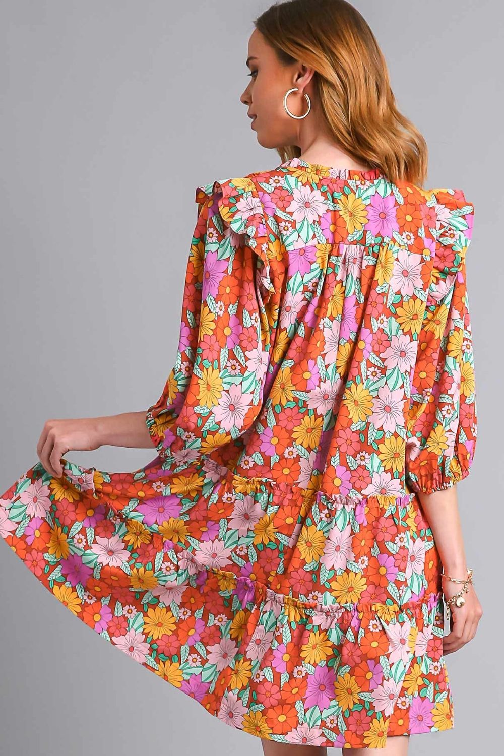 Umgee Plus Size Floral Ruffled Tiered Dress for Women with Tie Neck – Elegant and Flowy Summer Dress for Curvy Figures and Special Occasions
