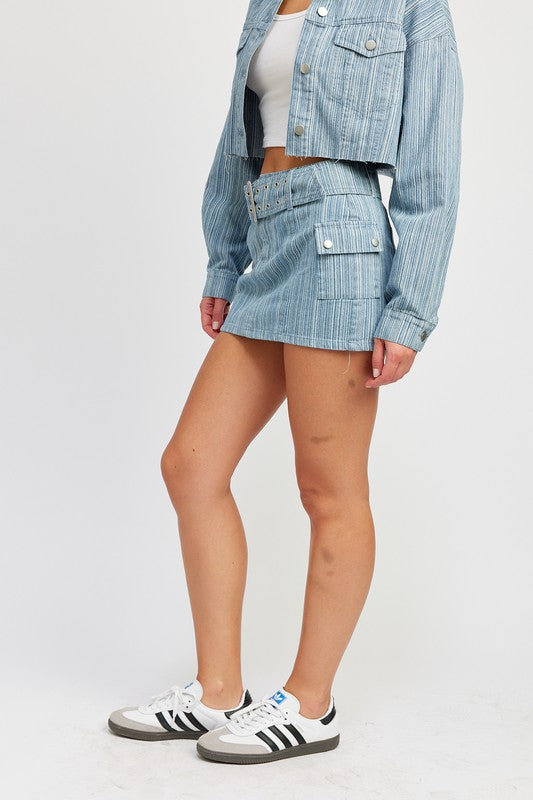 Belted Mini Denim Skirt - High-Waisted Fitted Jean Skirt with Stylish Belt Detail for Trendy Summer Outfits and Everyday Street Style