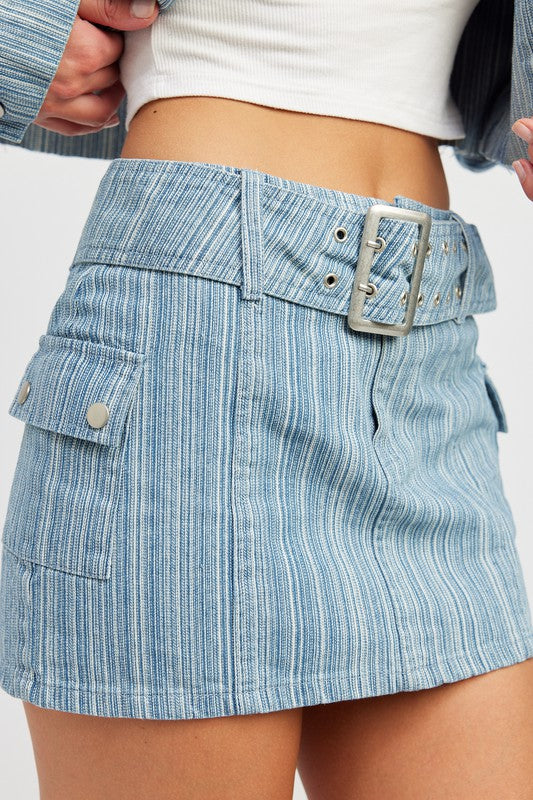 Belted Mini Denim Skirt - High-Waisted Fitted Jean Skirt with Stylish Belt Detail for Trendy Summer Outfits and Everyday Street Style
