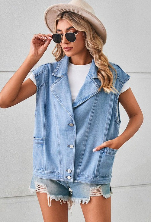Men’s sleeveless denim vest with front pockets and button closure, urban streetwear layer for casual outfits and year-round fashion versatility