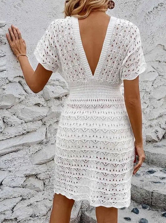 Deep V-Neck Embroidered Eyelet Beach Cover-Up Dress for Women – Elegant and Lightweight Swimsuit Cover for Poolside and Summer Vacations