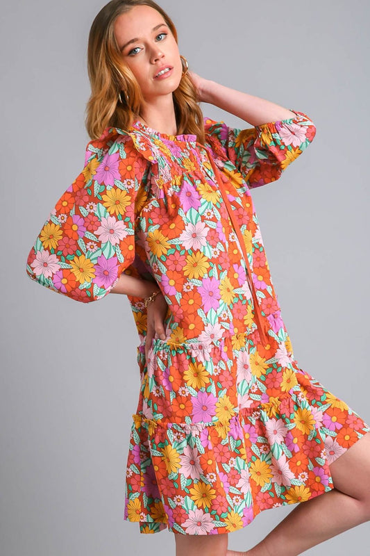 Umgee Plus Size Floral Ruffled Tiered Dress for Women with Tie Neck – Elegant and Flowy Summer Dress for Curvy Figures and Special Occasions