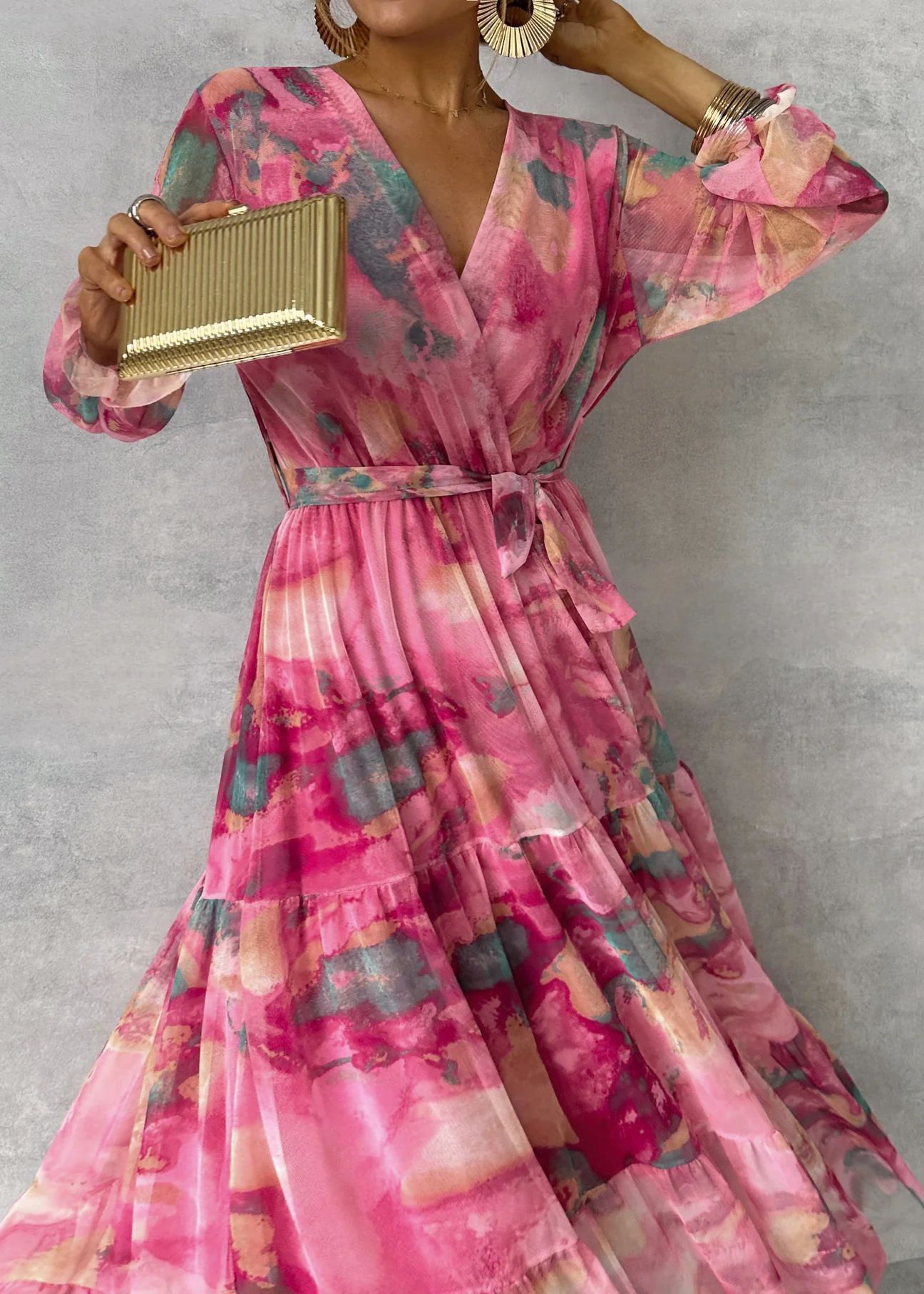 Elegant Long Floral Dress – V-neck Chiffon Maxi Dress with Long Sleeves 2025