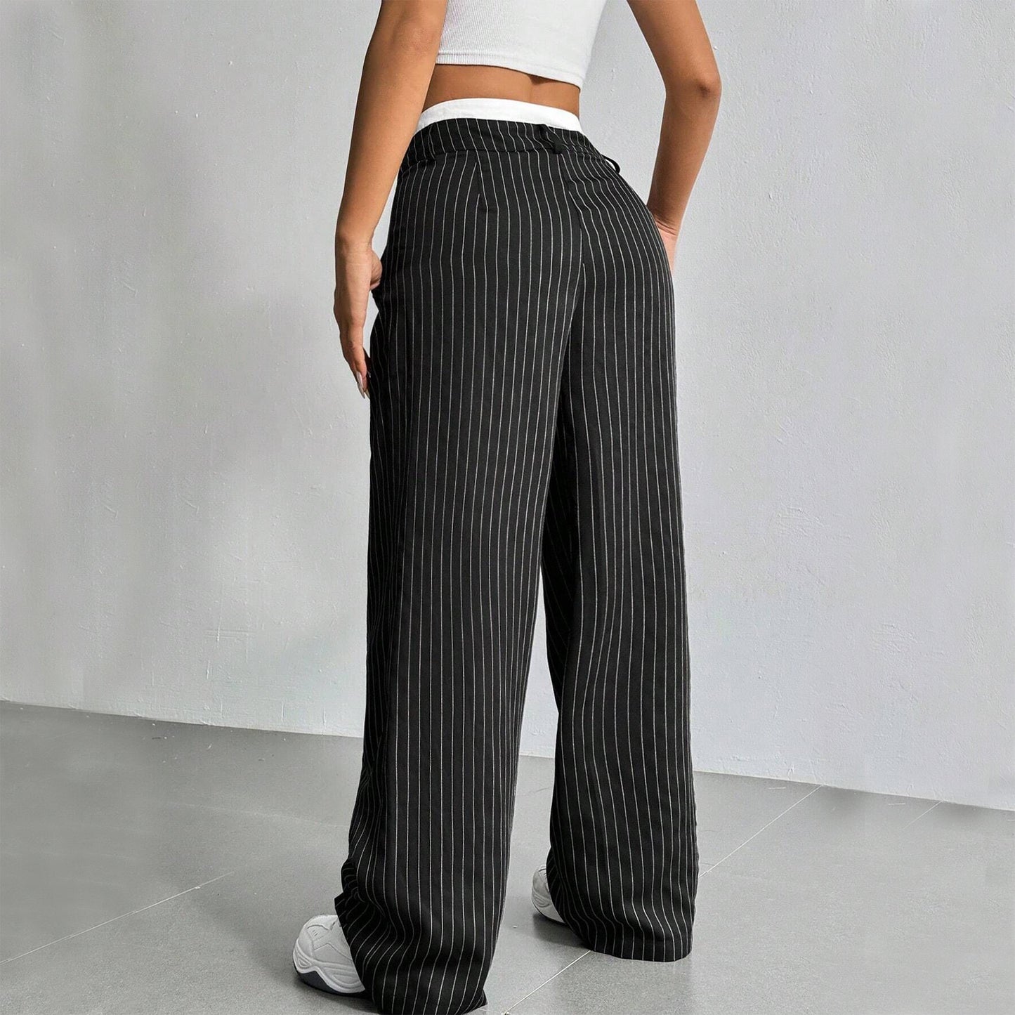 Women's High Waist Striped Pants | Summer Casual Straight-Leg Trousers with Pockets & Zipper