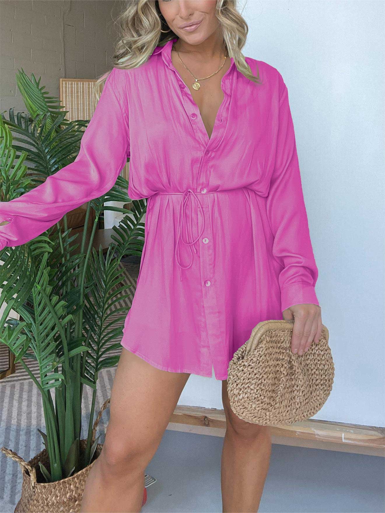 Women's Long Sleeve Button-Up Shirt Romper – Casual Chic Jumpsuit with Waist Tie