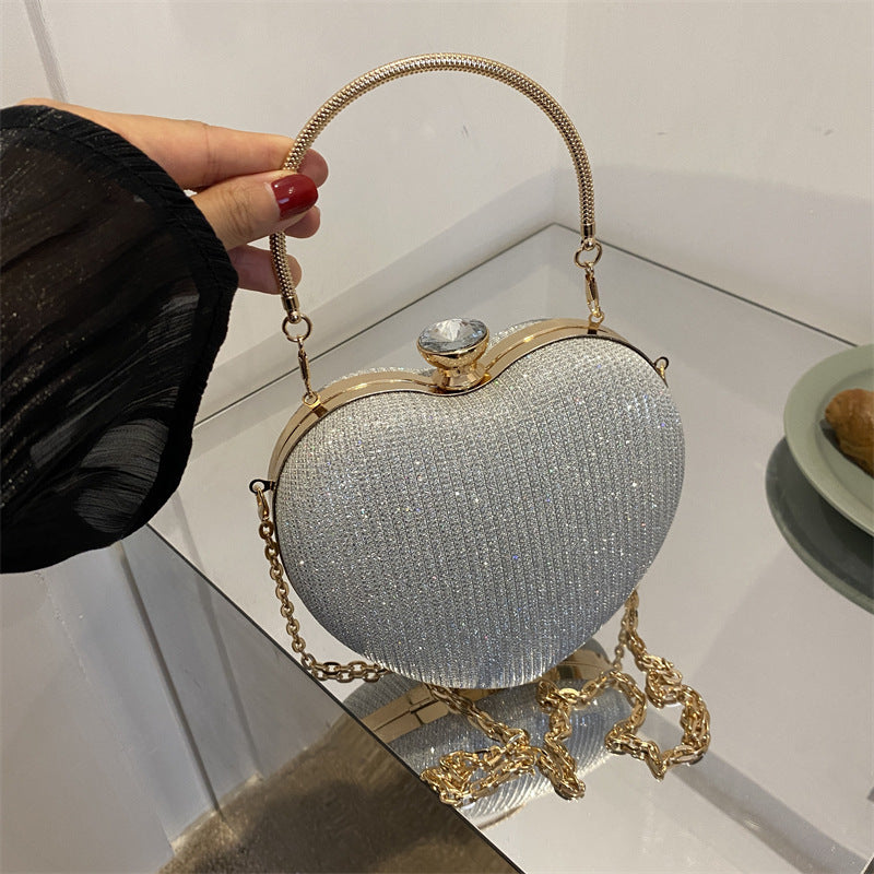 Heart-Shaped Evening Clutch Bag for Women – Sparkly Party Purse with Gold Chain, Elegant & Unique Design
