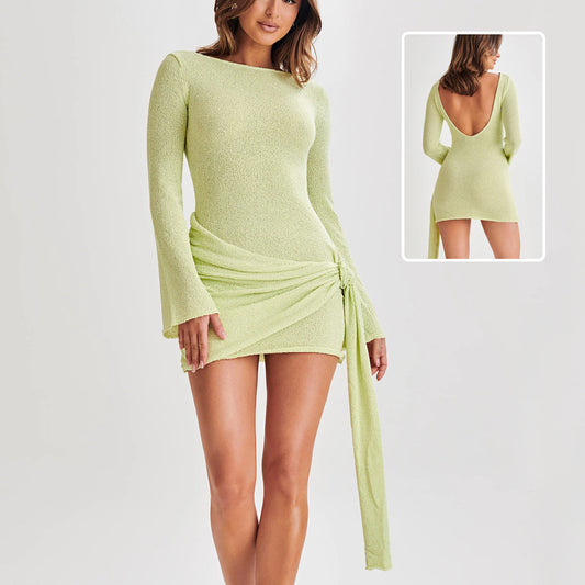 Y2K Sexy Bodycon Mini Dress for Women – Long Sleeve, V-Backless, 3D Pattern Slim Fit