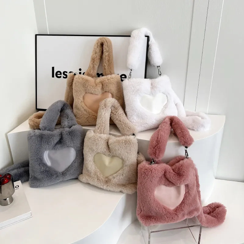 Fluffy Women’s Shoulder Bag with Heart Design – 3-in-1 Winter Handbag with Strap, Soft & Stylish