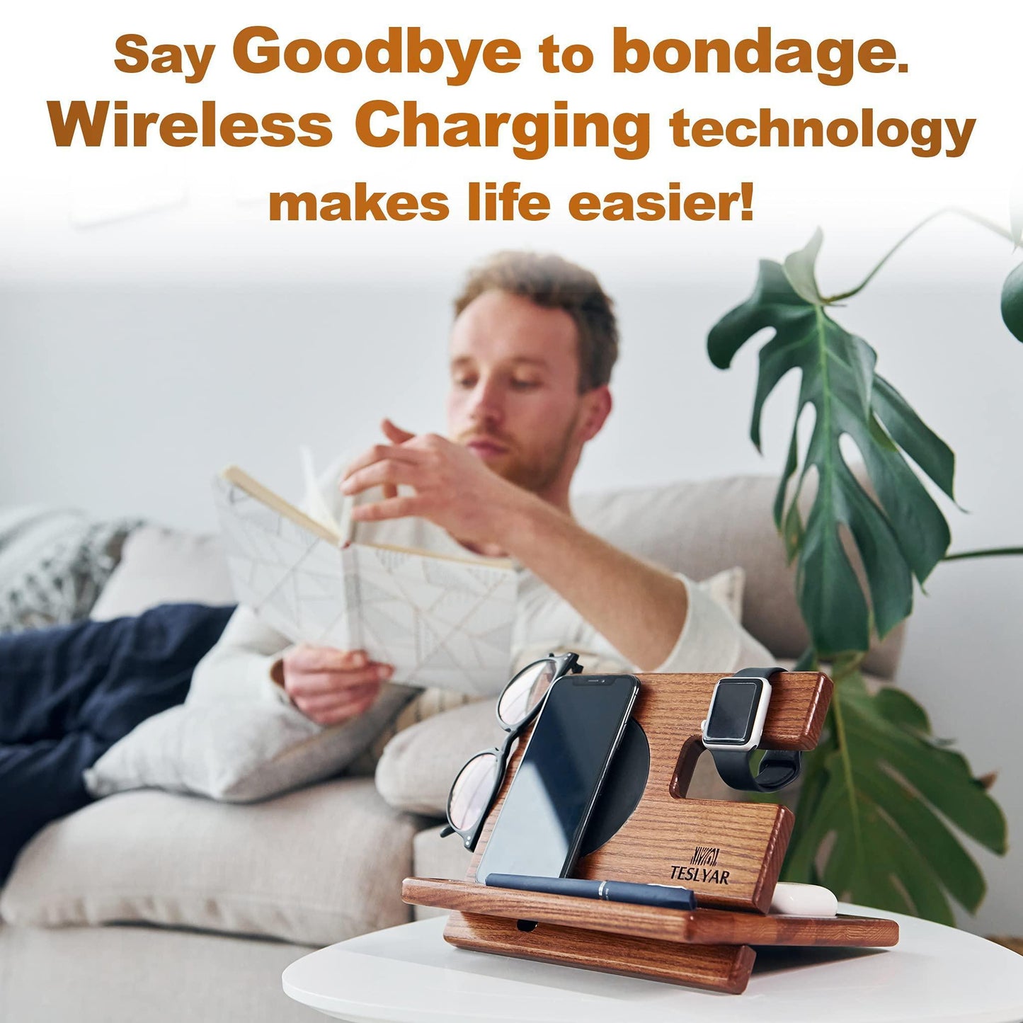 Wooden Phone Docking Station and Organizer with Key Holder, Wallet Tray, and Watch Stand – Elegant Ash Wood Desk Accessory for Home or Office